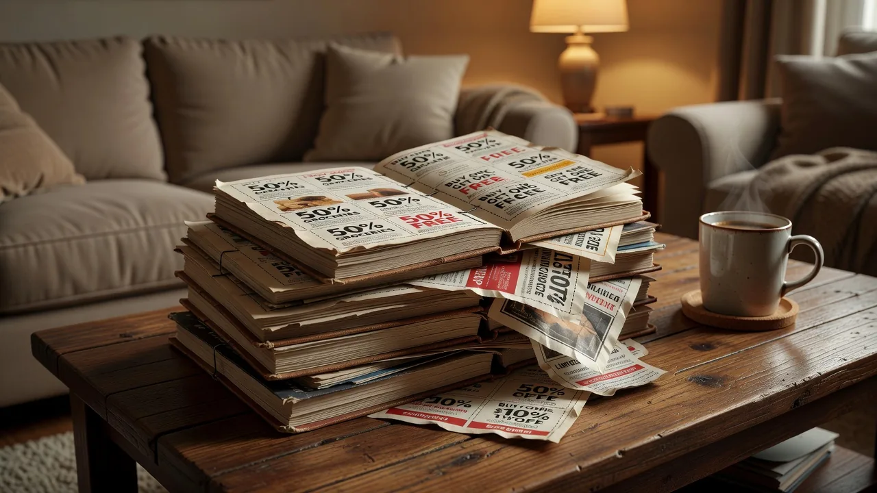 Coupon books on coffee table