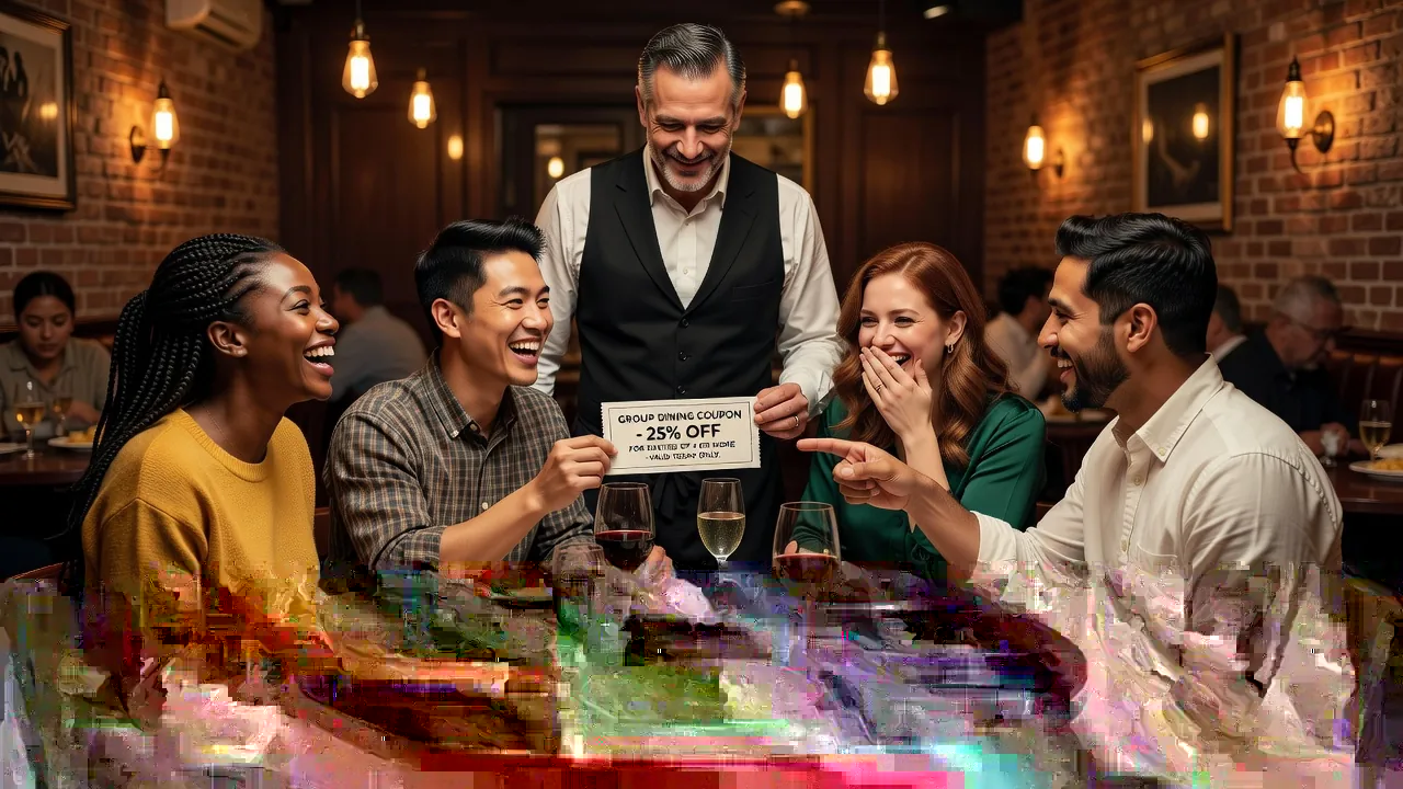 Friends using group coupon at restaurant